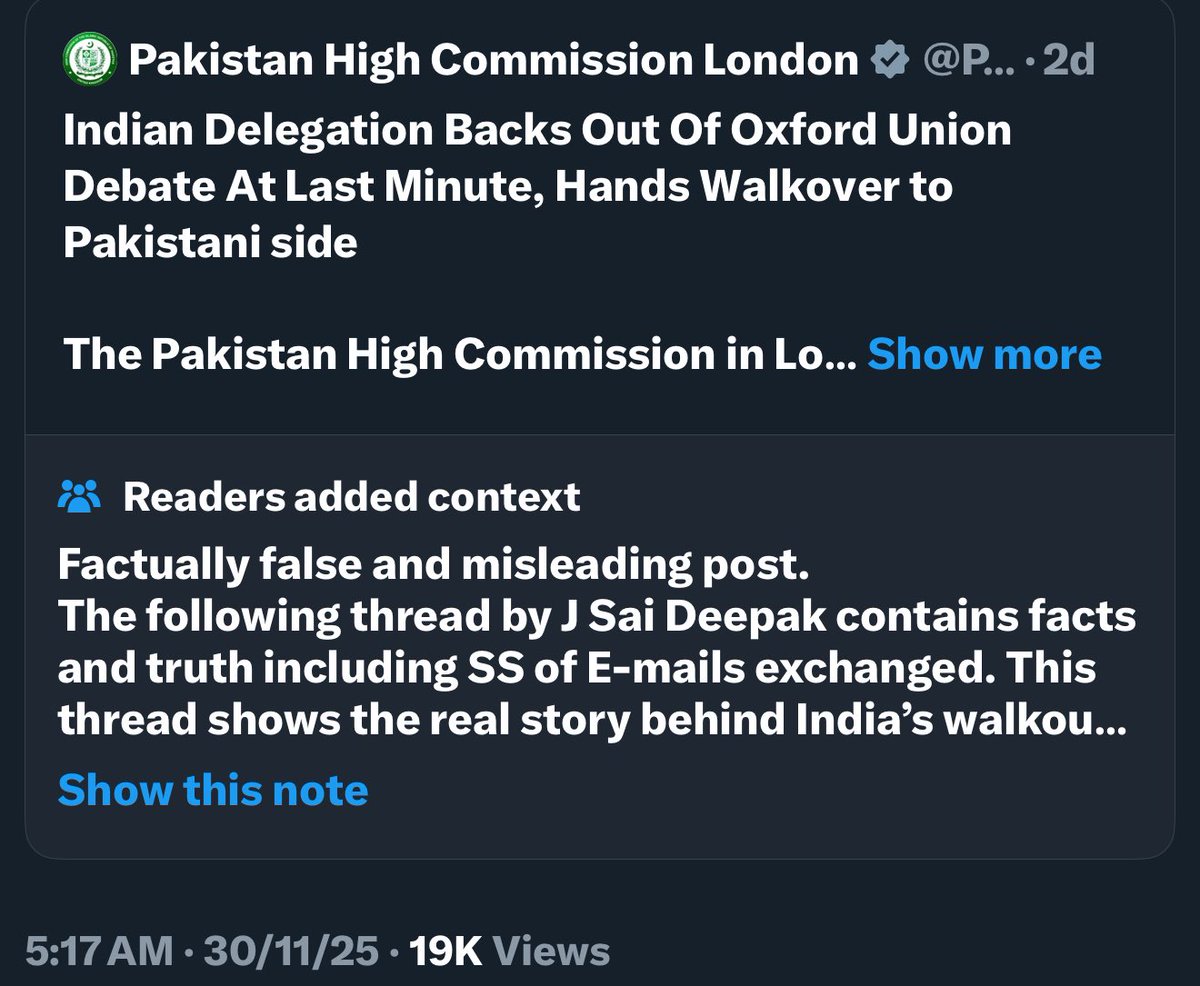 AdityaRajKaul's tweet image. Fake News by Pakistan High Commission London called out by Community Notes on @X  now. UK Govt should investigate if Pakistan ISI is paying Oxford Union for their terror propaganda. Pakistanis afraid of Indian participants were hiding in the hotel and didn’t join the debate! 🤣