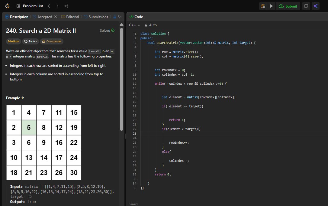 MartianDev01's tweet image. Day:  64/100
                                  
&amp;gt;2D Arrays : Search a 2D Matrix II
#100DaysOfCode #DSA #CodingChallenge 

#letsconnect #LearnInPublic #ProblemSolving #100daysofcoding #CodingJourney #LeetCode #CONNECT