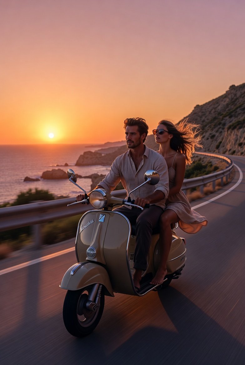 A romantic couple enjoys a scenic coastal drive on a vintage... - Example 2
