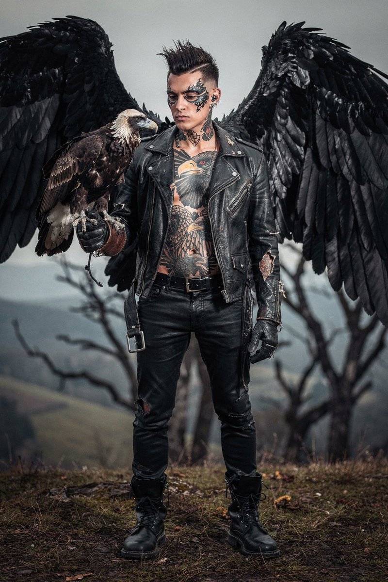 AiArtMugu's tweet photo. A punk man with his vulture.
The detail in this #LeonardoAI #FluxPro 2.0 is off the charts.
#PromptShare (show me yours I've showed you mine 🙂)
Close up of a punk subculture man with facial tattoos and big black wings, in a dramatic pose, with vivid vulture images tattooed on his chest, wearing a worn leather jacket and black pants, holding a vulture on his leather gloved hand. Background hills covered with dark creepy forest.