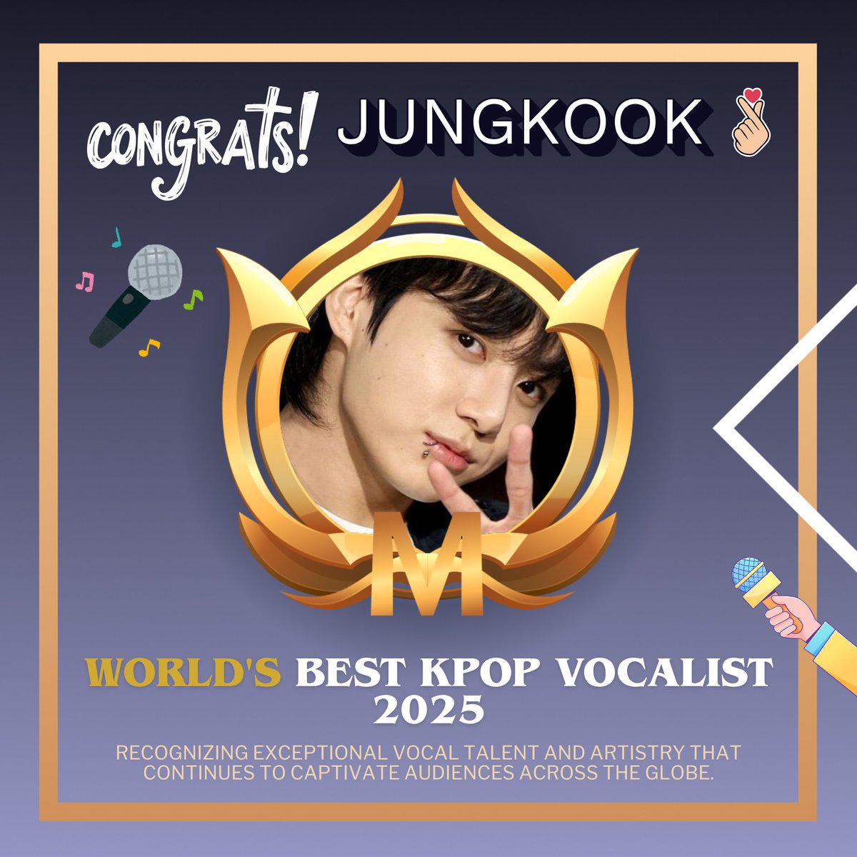 Jungkook takes home the title of World's Best K-Pop Vocalist 2025! 🎤🏆

A testament to years of dedication, technical mastery, and powerful performances that transcend language barriers. Well-earned recognition! #Jungkook #KPop #Vocalist

Congratulations Jungkook from BTS A