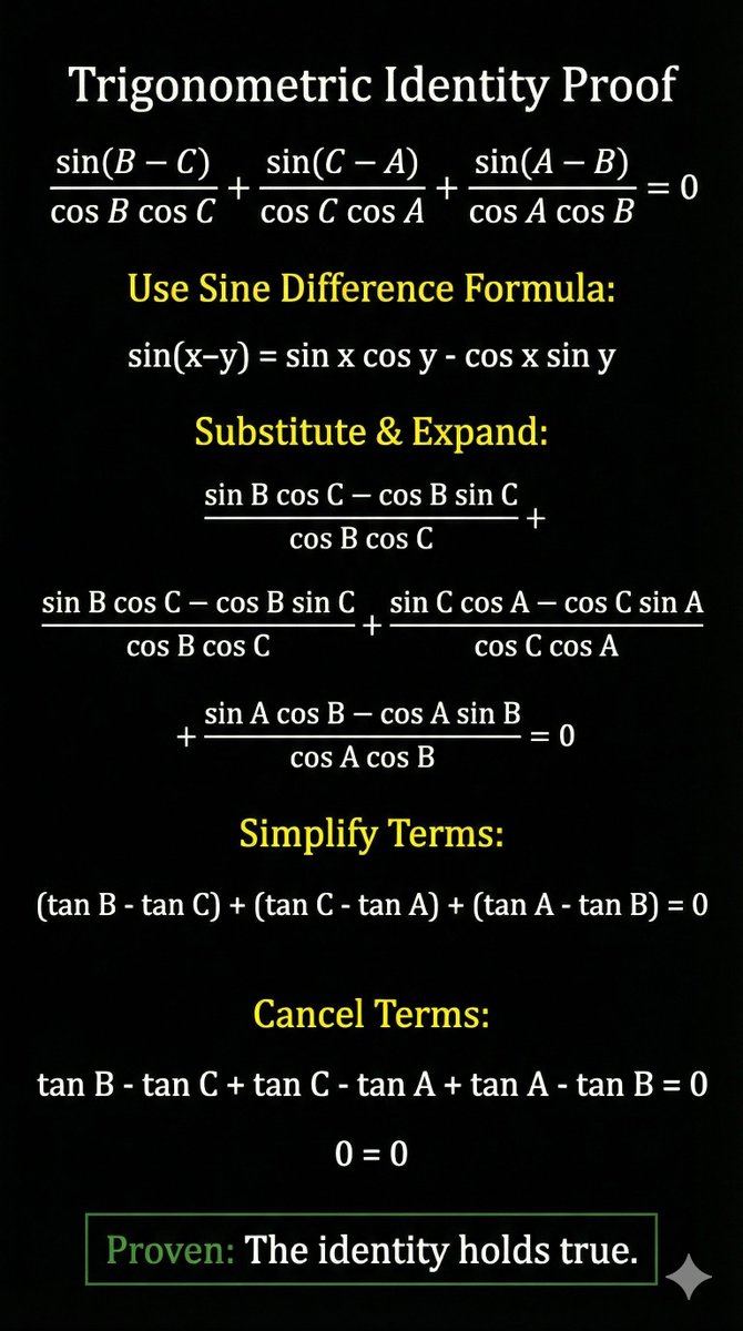 TechAnd_Science's tweet image. The satisfying beauty of a trigonometric proof. 📐✨

This equation looks intimidating at first glance. But look what happens when you apply the sine difference formula.

Complex fractions transform into simple tangent terms, creating a perfect telescoping sum that vanishes into…