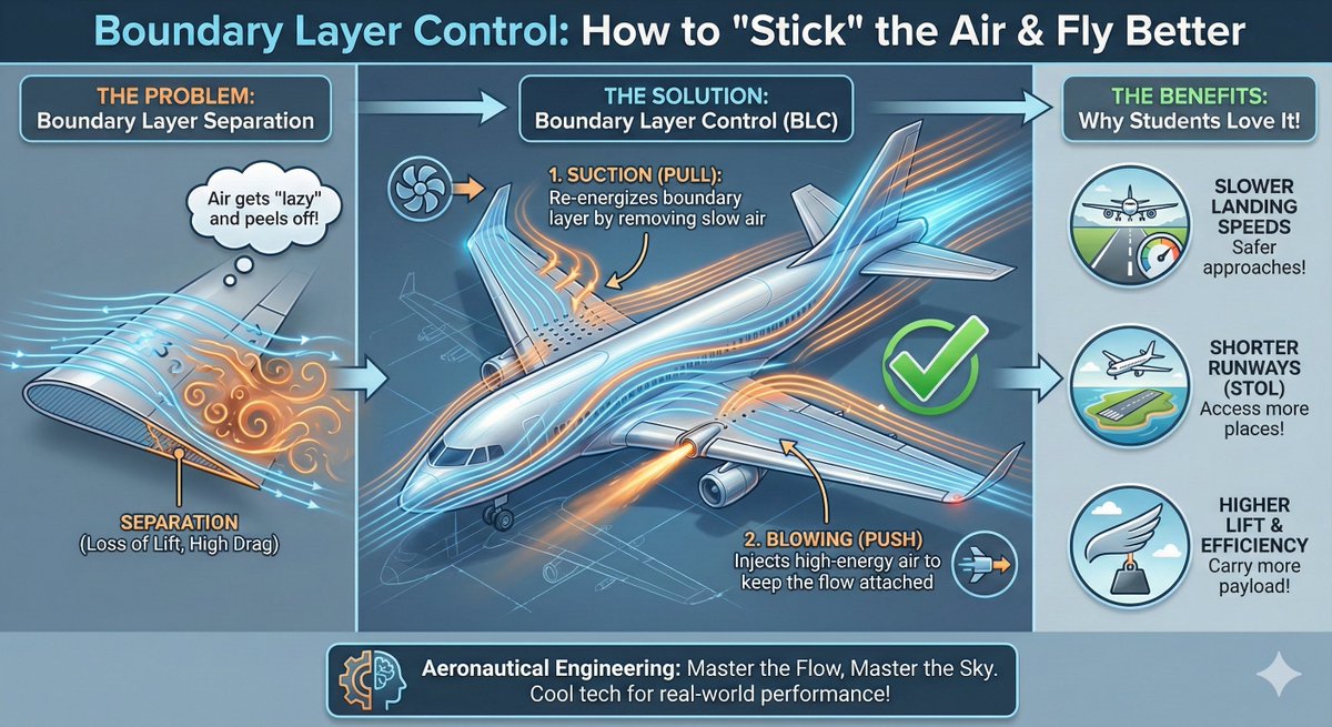 TechAnd_Science's tweet image. How do you make a wing fly better? You have to force the air to &quot;stick&quot; to it. ✈️💨

This infographic breaks down Boundary Layer Control: the engineering hack used to fight drag and enable crazy short takeoffs and landings (STOL).

Master the flow, master the sky. 🧠…