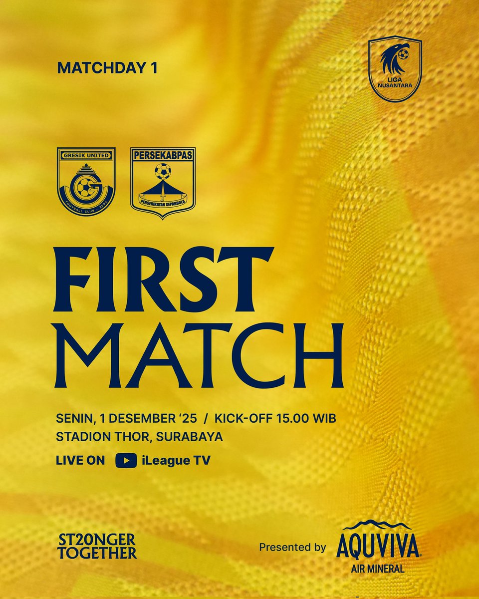 gresikutdFC's tweet image. 𝗙𝗶𝗿𝘀𝘁 𝗠𝗮𝘁𝗰𝗵 🔜

Matchday 1 Liga Nusantara 2025/26 Grup D

Gresik United v Persekabpas Pasuruan 
Senin, 1 Desember &apos;25 / Kick-Off 15.00 WIB
Stadion THOR, Surabaya

Live On YouTube iLeague TV 

Come On Joko Samudro!

#GresikUnited #LigaNusantara #Matchday1 #GRSPAS