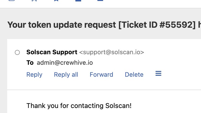 useCrewHive's tweet image. CrewHive ($CREW) token update has been officially submitted to @solscanofficial.
Ticket ID: #55592

We’ll keep the community updated once the changes go live.