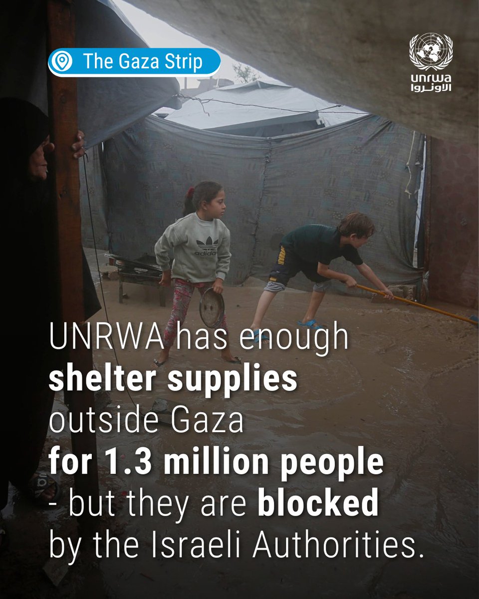 UNRWA's tweet image. People in #Gaza need an unimpeded flow of humanitarian aid.

While UNRWA is ready to deliver shelter supplies for up to 1.3 million people, the Israeli Authorities continue to block the Agency from bringing aid in.

The scale of UNRWA&apos;s work in Gaza must be restored to its…