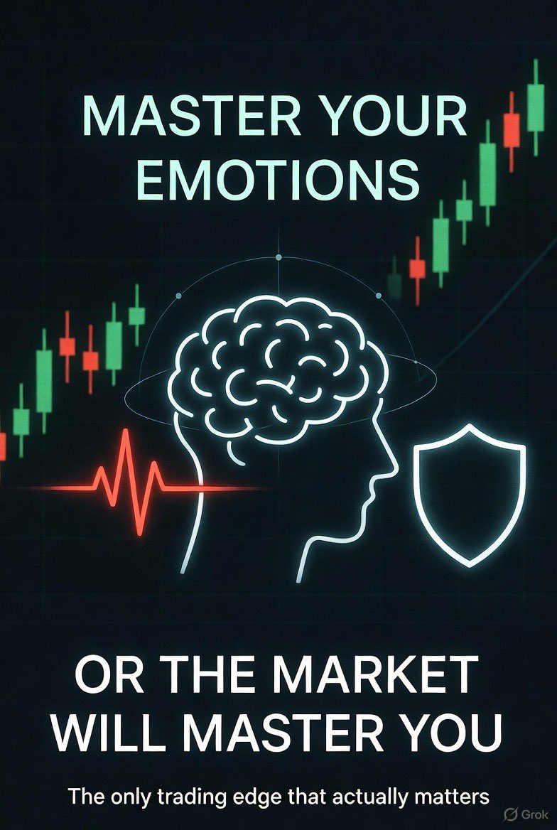 UrwatuSuleiman's tweet photo. Managing emotions is the single biggest factor that separates consistently profitable traders from everyone else.

The market is designed to exploit human psychology  fear, greed, hope, and regret so if you don’t have a robust system for your emotions, the market will take your money, no matter how good your technical analysis is.

Here’s a practical, battle-tested framework used by professional traders:

1. Accept That Emotions Are Inevitable (Stop Fighting Them)

You will feel FOMO when a coin pumps without you.

You will feel panic when your position is down 20–50%.

You will feel euphoric after a big green candle.

These feelings are biological (dopamine, cortisol, adrenaline). Trying to “be a robot” doesn’t work. Instead, build systems that work even when you’re emotional.

1/9 🧵