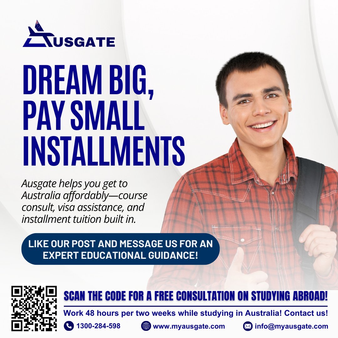 Aus_Gate's tweet image. Your Aussie degree, made doable. With Ausgate’s full support and partner institutions offering installments on tuition, you don’t have to pay all at once.
Schedule your free consultation today:   
calendly.com/info-ausgate   
#studyinaustralia #australiastudyvisa #australiavisa