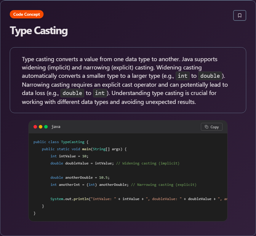 techielearns's tweet image. ✨ Type Casting (Java)

#Java #JavaDev #OOP #Backend #100DaysOfCode #DevLife