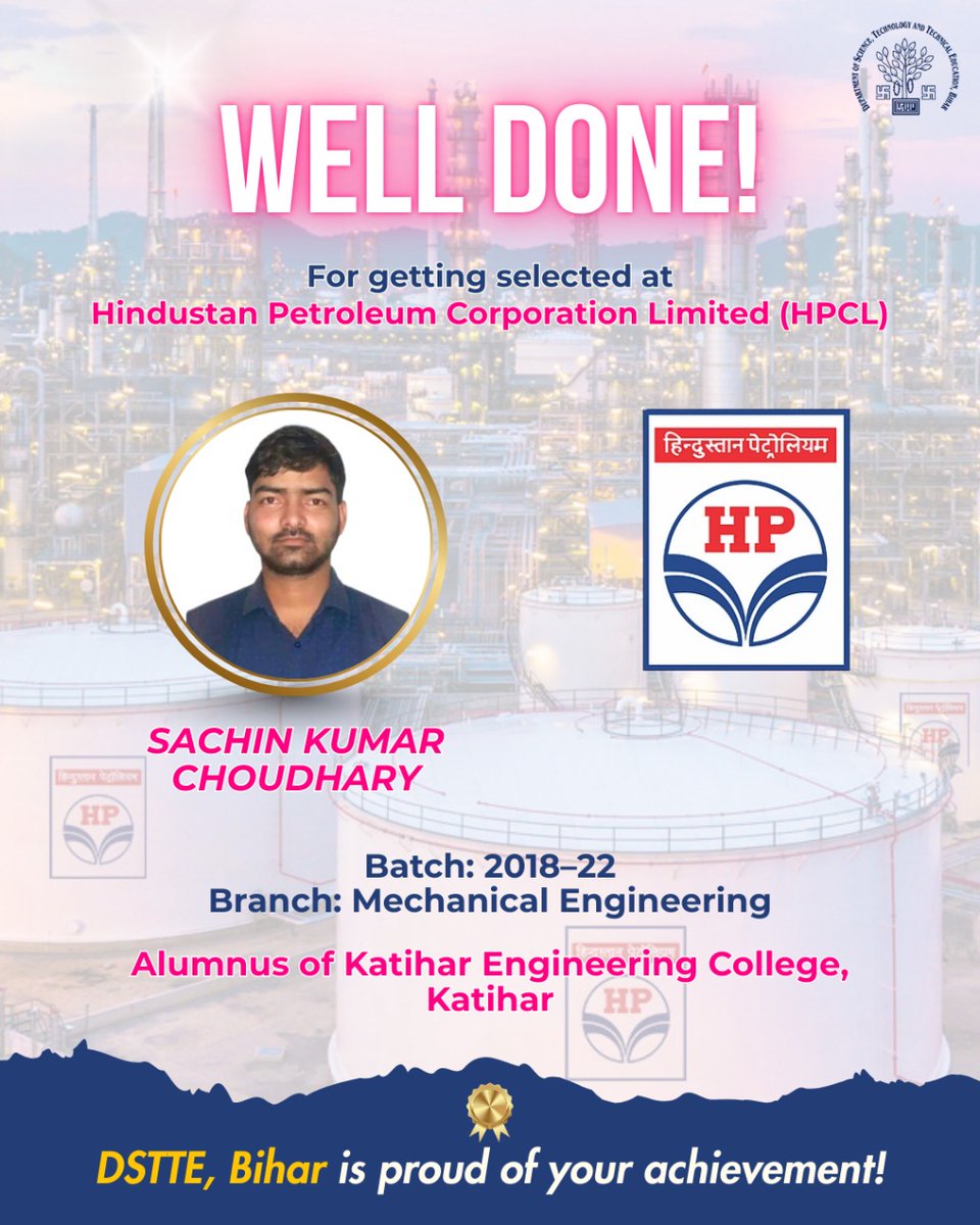 DSTTEBihar's tweet image. Sachin Kumar, alumnus of KEC Katihar, joins HPCL as Mechanical Engineer Officer a proud achievement built on hard work and determination. Congratulations and best wishes ahead.

#AlumniSuccess #HPCL #DstteBihar

@IPRDBihar @BiharEducation_ @NitishKumar