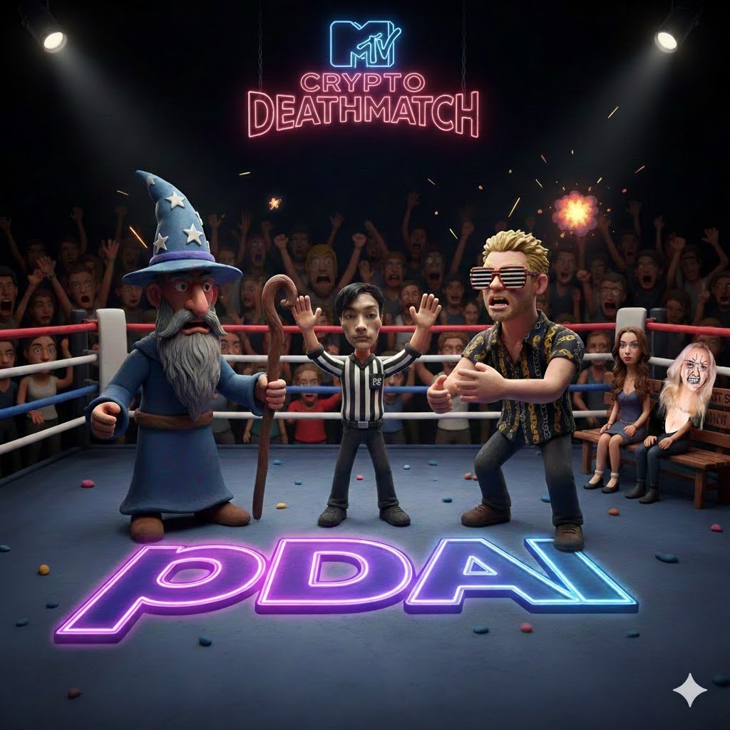 MTV CRYPTO DEATHMATCH – pDAI EDITION
 
The blue light flickers… but it’s stabilizing.
 DecentraliseMe steps into the ring with a wizard staff, 25 million pDAI in his cloak, and the calm confidence of someone who knows the peg is coming.

In the red corner: Eric Wall, annoyed,