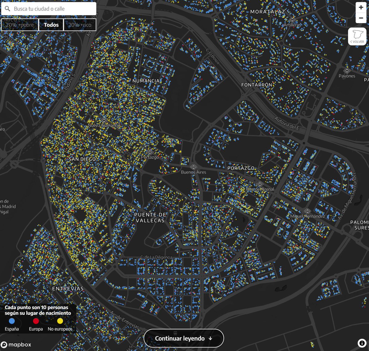 <a href="/eldiarioes/">elDiario.es</a> 11)🤓 Un apunte friki sobre el mapa: hemos montado un dot density personalizado.

Cada punto = 10 personas, pero los hemos colocado aleatoriamente entre los edificios con viviendas del Catastro 🏠

Diría que es un poco más preciso y muestra también el urbanismo de la segregación