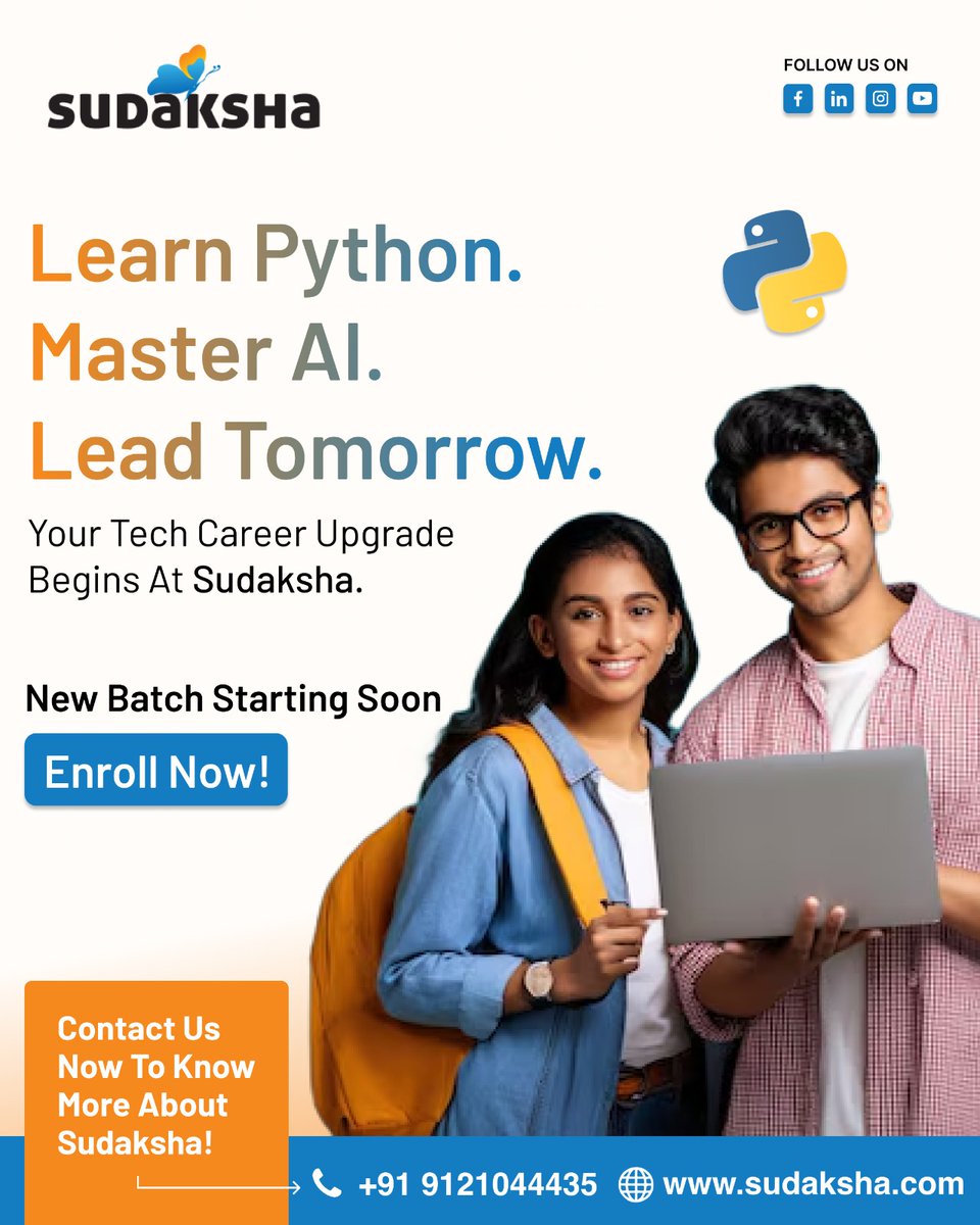 sudakshaLearn's tweet image. Kick-start your tech career with Sudaksha’s Python with AI program.
Gain industry-ready skills, hands-on learning, and the confidence to stand out in today’s competitive tech world.

#Sudaksha #PythonCourse #AITraining #TechCareers #UpskillNow #CareerUpgrade #JobReadySkills