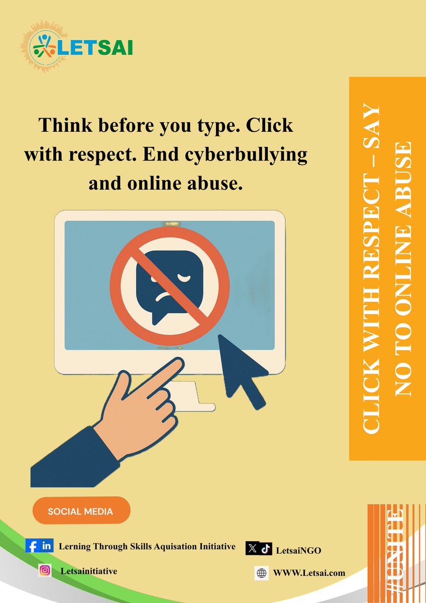 LetsaiNgo's tweet image. 𝗢𝗻𝗹𝗶𝗻𝗲 𝘀𝗽𝗮𝗰𝗲𝘀 𝘀𝗵𝗼𝘂𝗹𝗱 𝗯𝗲 𝘀𝗮𝗳𝗲 𝗳𝗼𝗿 𝗲𝘃𝗲𝗿𝘆𝗼𝗻𝗲.
 • Let’s choose respect.
 • Let’s choose kindness.
Before you type, 𝗧𝗛𝗜𝗡𝗞.
Before you click, 𝗥𝗘𝗦𝗣𝗘𝗖𝗧.

#ClickWithRespect 
#NoToOnlineAbuse 

@UNICEF_Nigeria
@UN
@UNWomenWatch