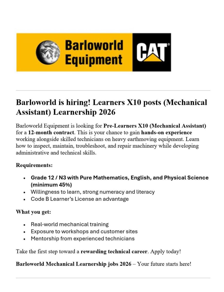📌Barloworld Equipment is urgently hiring!

✅ Learnerships 2026
10x posts

Stipend: R6,000- R9,000 p/m

Minimum Requirements:
- Grade 12/ Matric/N3 Only!
- Willingness to learn!

Closing Date: Not specified 
visionsoul.co.za/barloworld-mec…
Apply ASAP:
