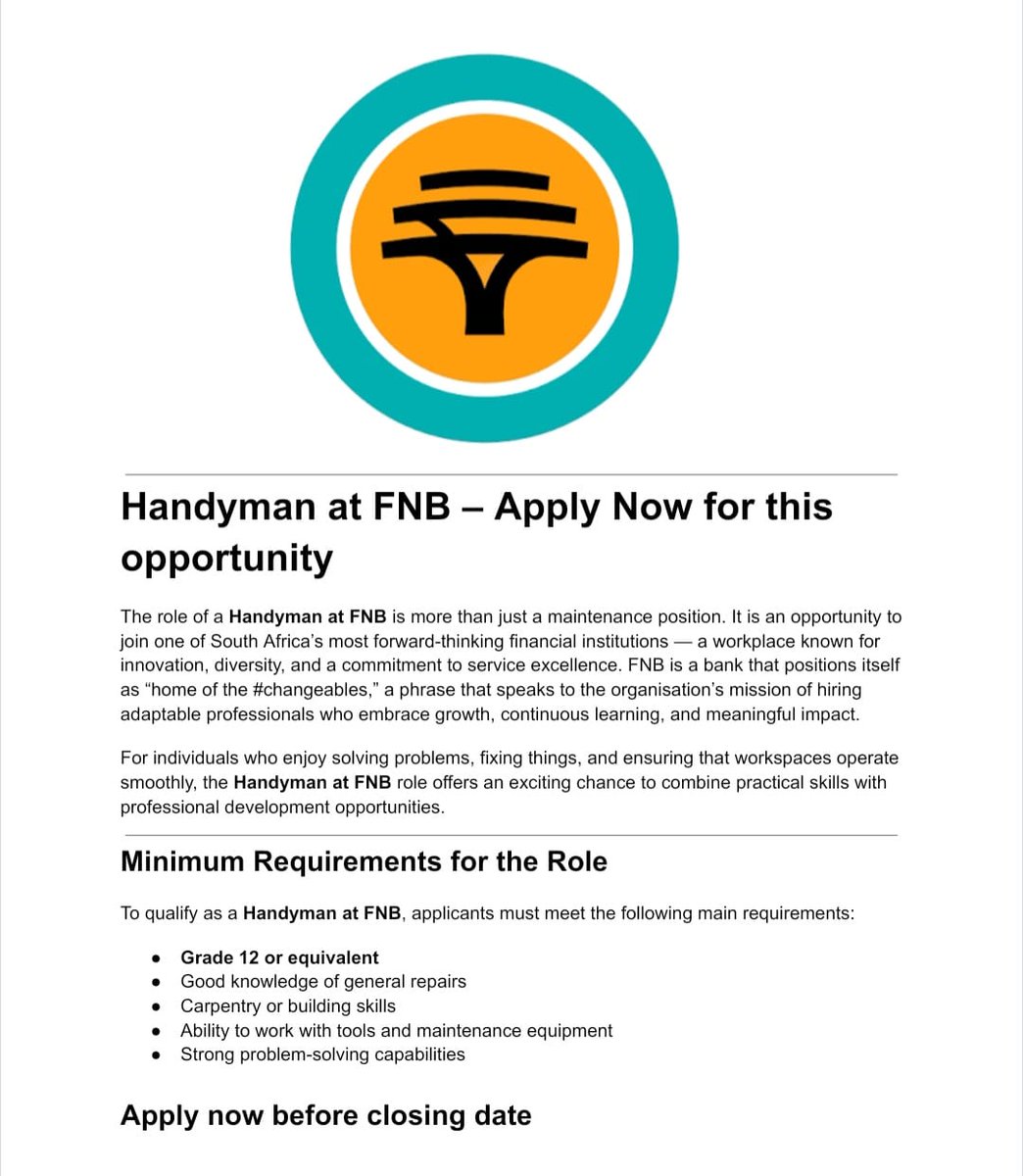 Apply for Handyman role at FNB, Submit your application online.

✅Handyman at FNB 

Requirements 
- Minimum Qualification: Grade 12 or equivalent.

Closing date: 02 December 2025

Apply here: dailyspark.co.za/handyman-at-fn…