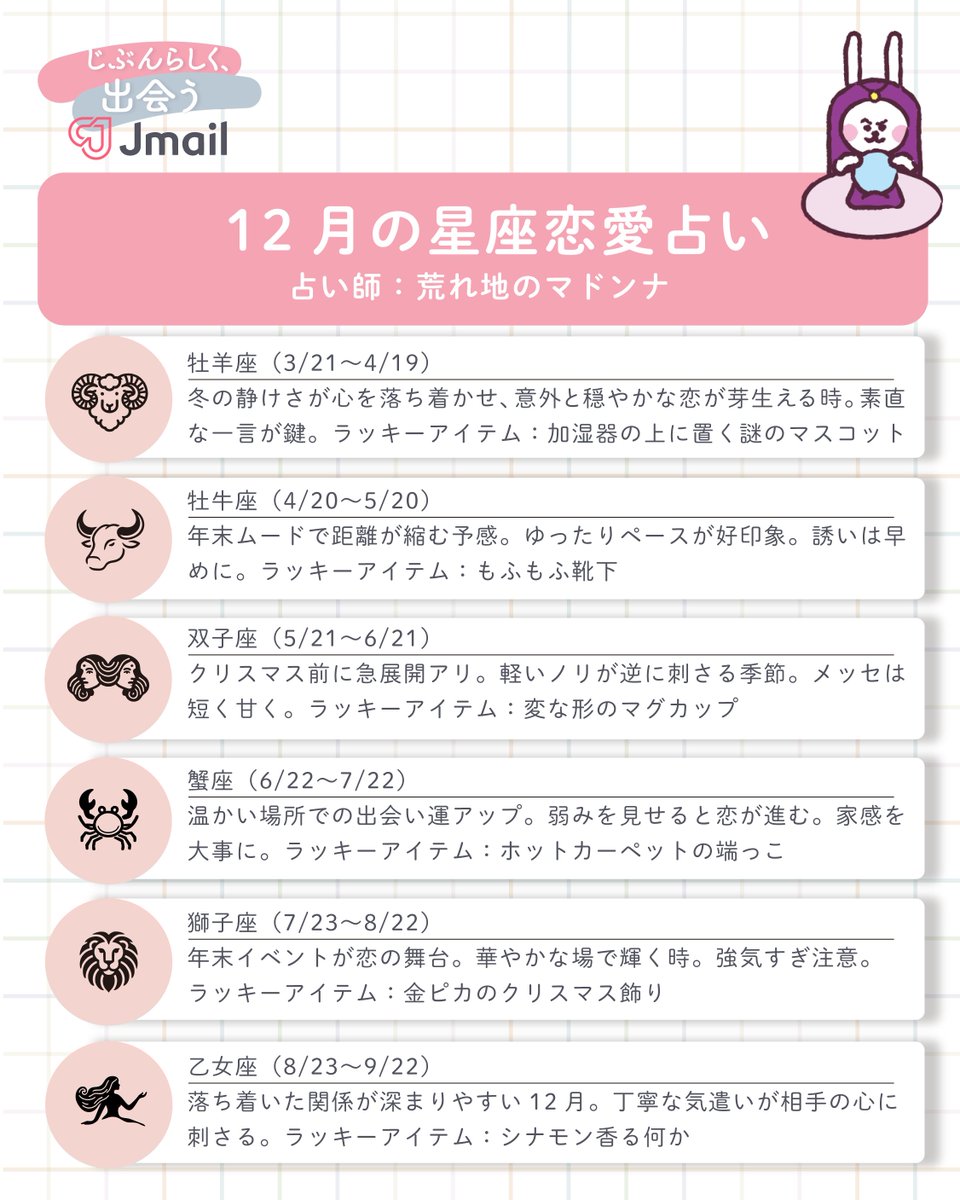 Image for the Tweet beginning: 🔮12月の星座恋愛占い🔮
 
12月は年末年始のビックウェーブが到来！？
 
気になる12月の星座別占いをチェック✨️
今月の運勢でどうアプローチすればいいかわかるかも？
 
 #Jメール