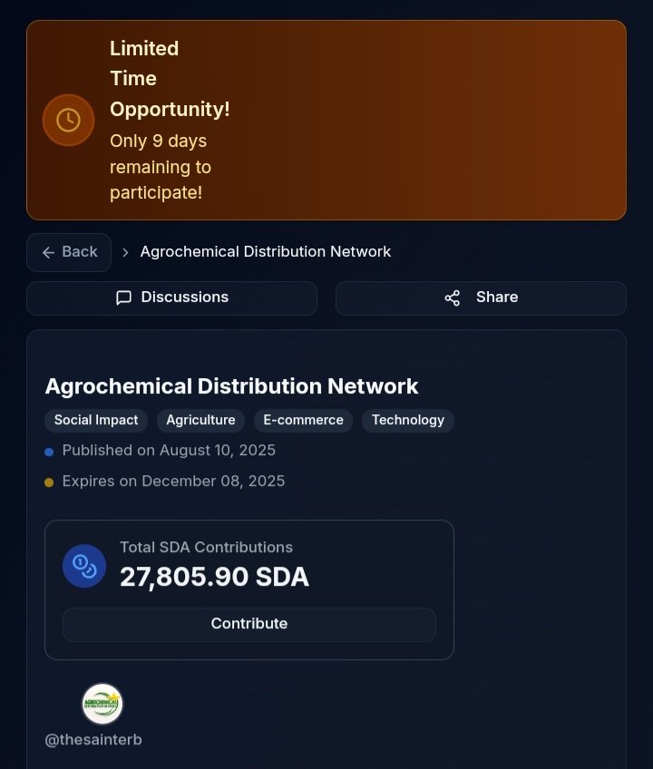SylverTech0's tweet image. Just 9️⃣ days to Go
Invest and enjoy the ride with us
sidrastart.com/project/4993cd…
@agrochemicalnet 
@KTeamic 
@AmanaMarketHub 
#sidrastart #AgriTech 
@sidrachain