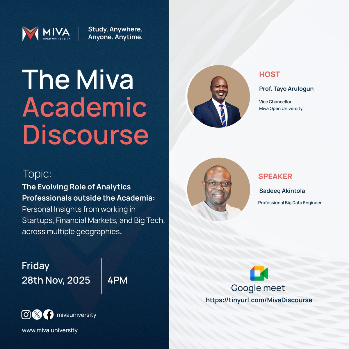 SadeeqAkintola's tweet photo. Looking forward to speaking at today's @mivauniversity #AcademicDiscourse as I present this topic: 
The Evolving Role of Analytics Professionals outside the Academia: Personal Insights from working in Startups, Big Tech... 
Join us at 4PM WAT, 3:00PM GMT. https://t.co/WJQdRnmMDP https://t.co/Z7VSmrAlM0