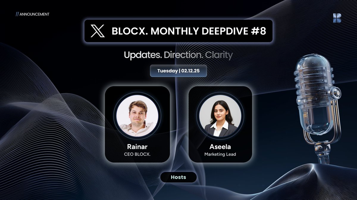 BLOCX_TECH's tweet image. 🚨 BLOCXERS — It’s AMA # 8 Time! 🎙️

We’re hosting Monthly AMA #8 this Tuesday, December 2nd @ 12PM UTC — and this one’s all about clarity and direction.

Join us LIVE as our CEO, Rainar Razumovski, shares the latest updates and breaks down the strategic moves shaping our future…