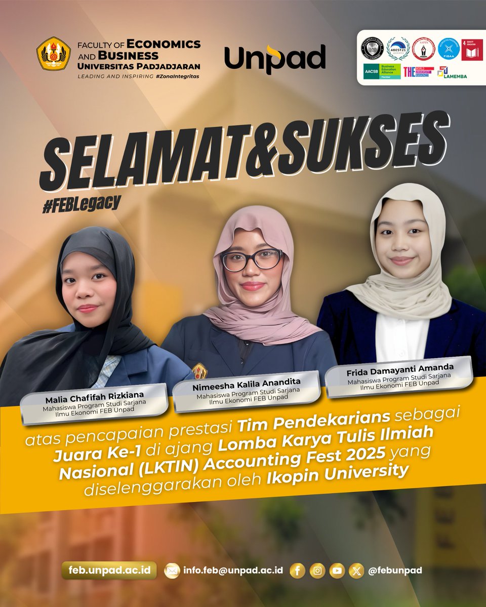 febunpad's tweet photo. Selamat! Kepada Tim Pendekarians dari Program Studi Ilmu Ekonomi 2023 sebagai JUARA 1 LKTIN - Accounting Fest 2025 dengan Dosen Pembimbing, Bapak Estro Dariatno Sihaloho, S.E., https://t.co/EWUhqEaPi5. (@estro_sihaloho) Keep Leading and Inspiring! #FEBUnpad #Unpad #FEBLegacy https://t.co/PmSyqcvcXS