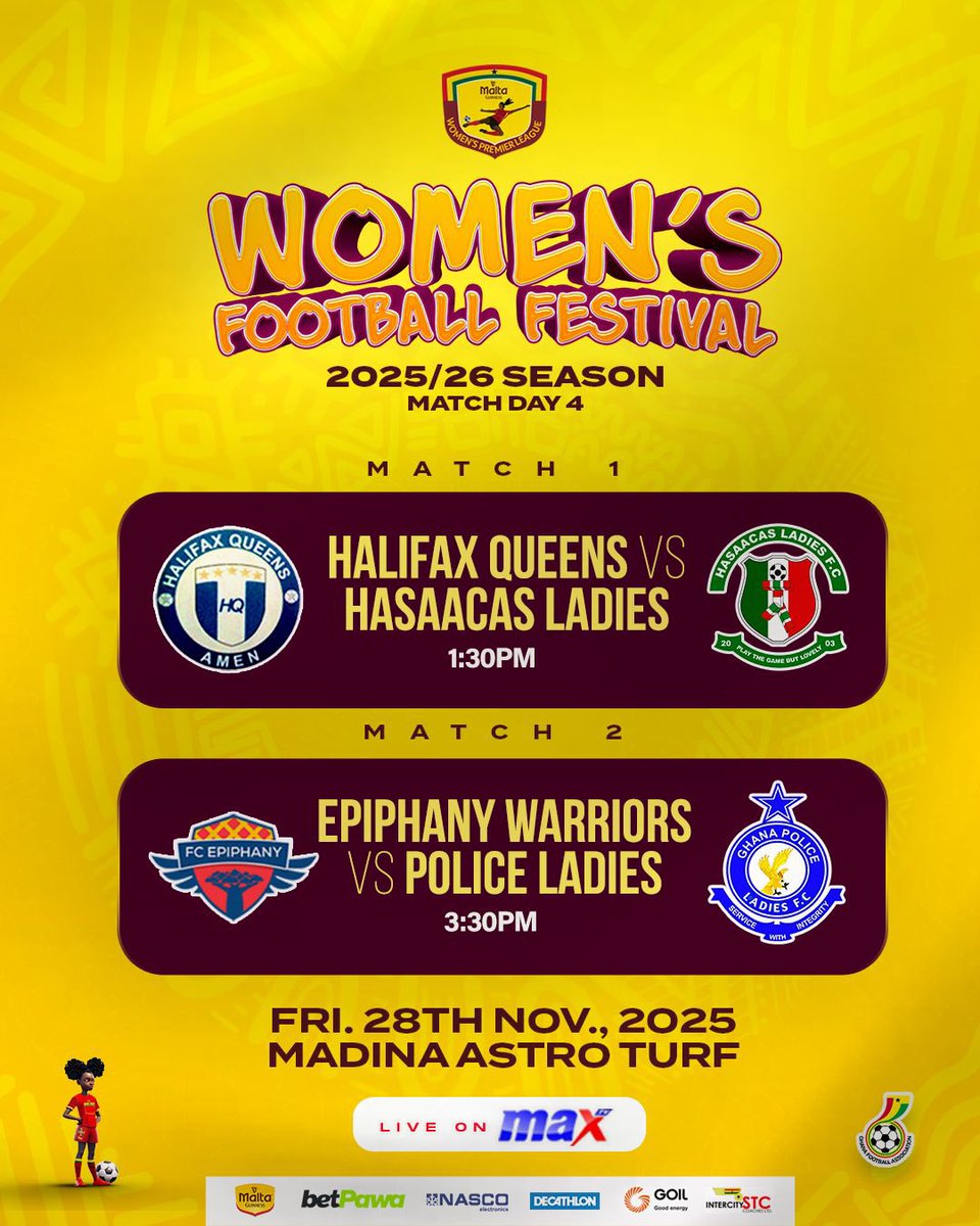 MATCHDAY….!!!! Live on <a href="/maxtvgh/">Max TV Ghana</a> 

<a href="/halifaxqueens_/">Halifax Queens Sporting Club</a> x <a href="/HasaacasLadies/">Hasaacas Ladies FC</a> 

<a href="/FC_Epiphany/">Epiphany Warriors FC</a> x <a href="/Polasfc/">Police Ladies FC</a> 

#NorthernZone 🔥| #SouthernZone🔥
 
#MaltaGuinnessWPL
#betPawa
#SheDidThat