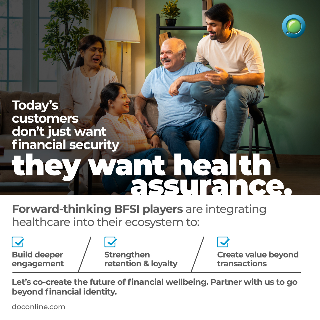 DocOnlineHealth's tweet image. Customers now expect health assurance, not just financial security. Digital healthcare helps BFSI brands boost engagement and loyalty.

DocOnline partners with BFSI leaders to deliver holistic wellbeing. Contact: 8822 127 127 | wellness@doconline.com