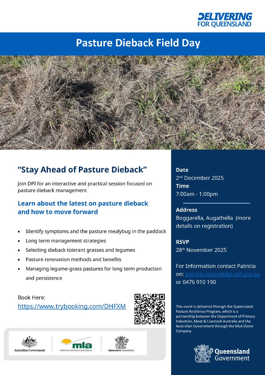 Next week!🌾DPI is hosting an interactive pasture dieback management session on 2 December, 7am–1pm at Boggarella, Augathella. Questions? Contact patricia.nolan@dpi.qld.gov.au

Register here 👉 trybooking.com/events/landing… 

#QLDWool #AWIExtension #LeadingSheep #QLDSheepProducers