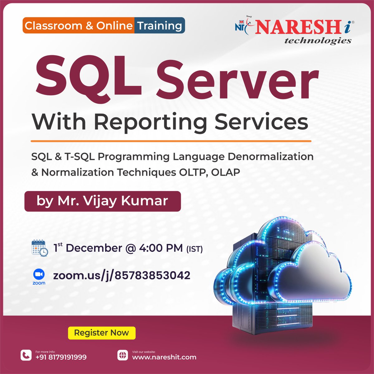 nareshitech's tweet image. 📊 Master SQL Server with Reporting Services!

👉 Register Now: t.ly/SQL-1D

Mr. Vijay Kumar 
📅 Date: 1st December 2025 ⏰ Time: 4:00 PM (IST)

#SQLServer #SQLTraining #DatabaseDevelopment #DataEngineer #SQLDeveloper #NareshTechnologies #DatabaseDesign