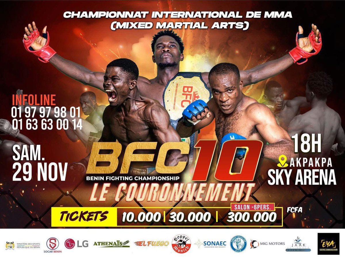 👉🏿 Toujours demain 29 novembre 2025 – apd 19h00 à SKY ARENA AKPAKPA : 10ᵉ édition du Benin Fighting Championship (BFC)

Une soirée exceptionnelle avec des combats inédits, qui réuni des athlètes venus de plusieurs pays. 

3/5 ⤵️