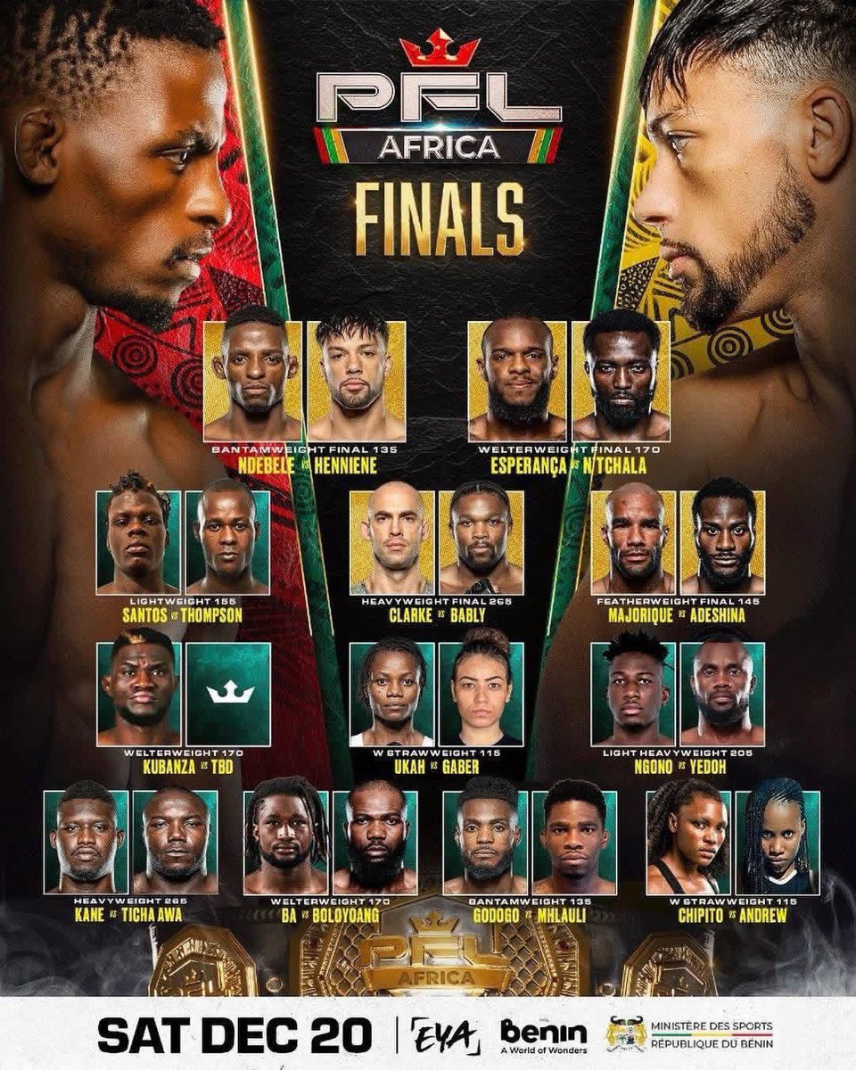 20 décembre 2025 au Sofitel Cotonou
Grande Finale de PFL AFRICA

La plus prestigieuse soirée de MMA du continent, organisée pour la première fois au Bénin 🇧🇯, avec les plus grands noms et les meilleures organisations du moment. 

Cotonou entre officiellement dans la cour 

4/5 ⤵️
