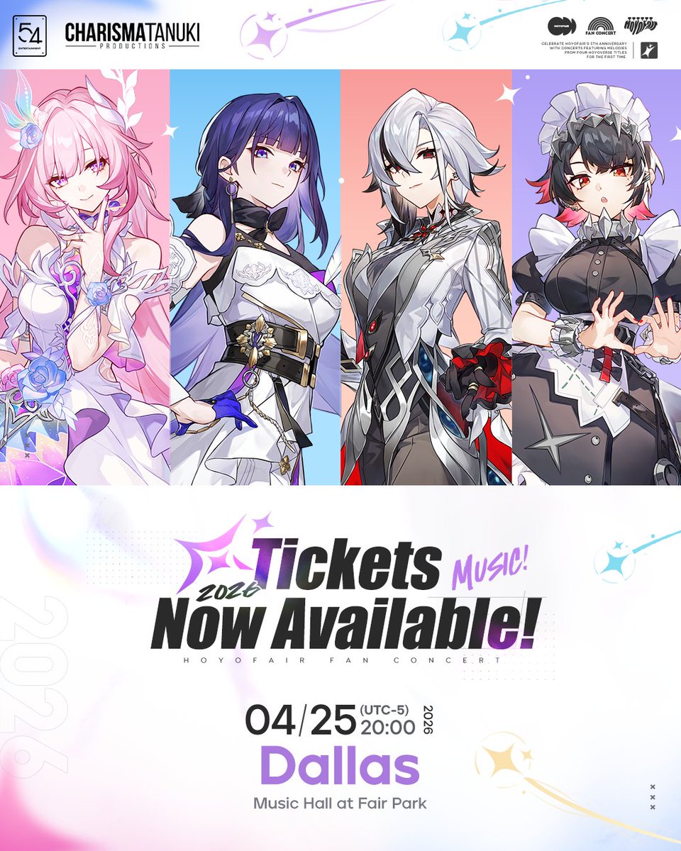 HoYoFair_0's tweet photo. Hello Dallas!
#HoYoFairConcert「Once Upon HoYoFair」@Dallas tickets are now on sale!

▶️ Buy tickets: https://t.co/BijMhtTrJe

Looking forward to meeting you live! Let's attend this dream concert across worlds together! 🎵

#HoYoFair
#HonkaiImpact3rd
#GenshinImpact
#HonkaiStarRail
#zenlesszonezero