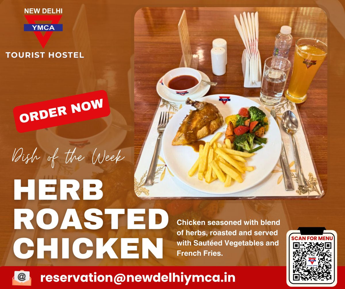 NewYmcaYMCA's tweet image. Craving something extraordinary? Your Dish of the Week is here to steal the spotlight!

Experience the finest in dining at the New Delhi YMCA Tourist Hostel with our DISH OF THE WEEK—the exquisite Herb Roasted Chicken.

Scan the QR code to explore our full menu.

#DishOfTheWeek