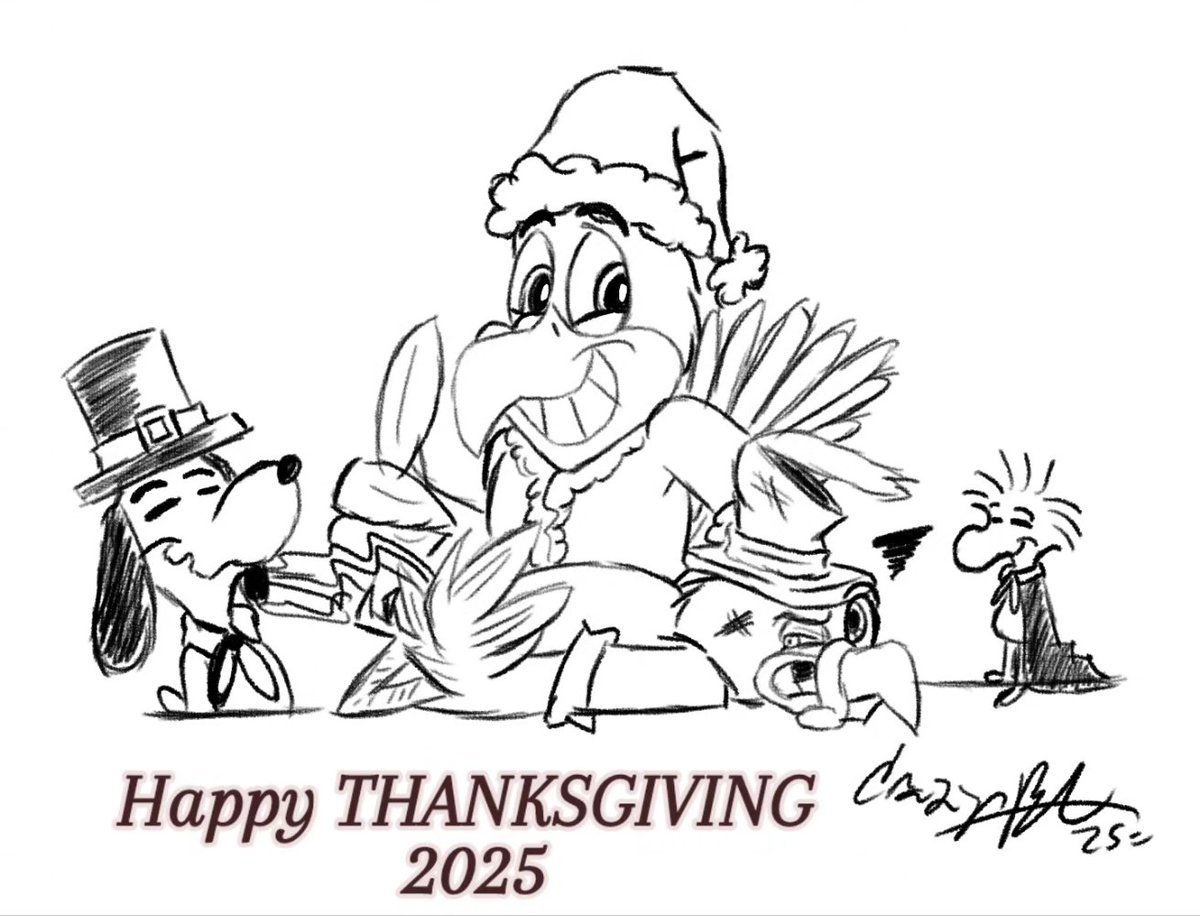 "Good triumphs Evil!"
HAPPY ThanksGiving, folks! 
©CrazyBA

#art #artwork #drawing #illustration #ArtistOnTwitter #sketch #doodle #artmoots #digitalart #イラスト #turkey #thanksgiving    #fanart #charliebrownthanksgiving #snoopy #woodstock #thanksgiving2025 #thanksgiving🦃