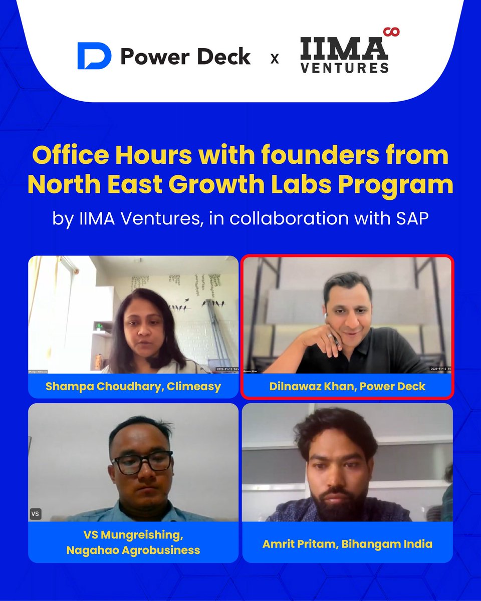 power_deck's tweet photo. Recently, we spent time with founders from the North East Growth Labs program by IIMA Ventures, in collaboration with SAP. 

And the outcome: clearer decks, tighter pitches, and concrete next steps. 

We are glad to back founders who build with intent. https://t.co/Kb1uHqmMQp