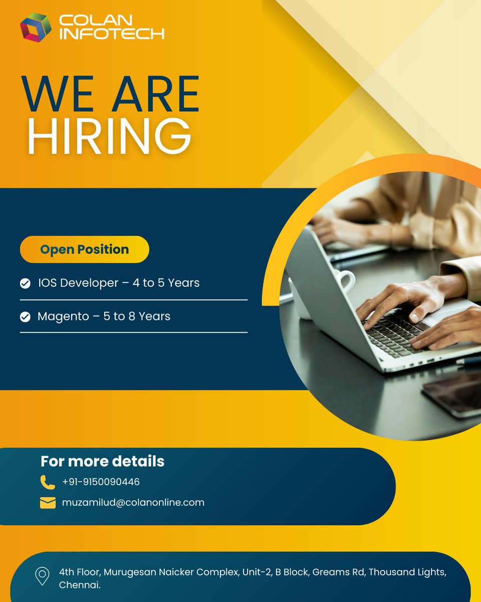 colan_infotch's tweet image. Attention Tech Professionals! Elevate Your Career with Colan Infotech.

📞 Connect with : +91-9150090446
📧 Email: muzamilud@colanonline.com

 #IOSdeveloper #MagentoDeveloper #IOSdeveloperjobs #MagentoDeveloperJobs #CareerGrowth #ChennaiJobs #HiringAlert #Hiring #ColanInfotech
