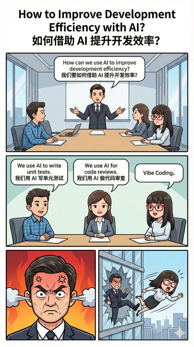 Create an "Out the Window" meme-style four-panel comic titled "How to Improve Development Efficiency with AI? 如何藉助AI 提升開