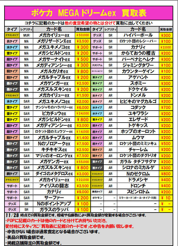 0ポケカ 最新弾「MEGAドリームex」 買取表作成しました‼ ✓メガ
