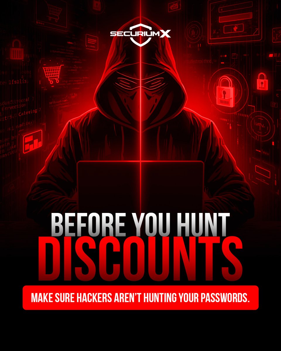 SecuriumX's tweet image. Big discounts attract big threats.
Keep hackers away from your passwords this Black Friday. 

Stay secure, stay smart. 🚨🔒

👉 ctf.securiumx.com

#cybersecuritytips #blackfriday2025 #securiumx #cybersafeshopping #passwordsafety #infosec #cyberhygiene