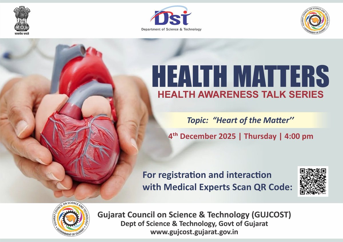 DistrictNavsari's tweet photo. Got Heart Questions?
❤️ Talk to Medical Experts!
Join the HEALTH MATTERS Series:
"Heart of the Matter." Dec 4, 4:00 PM
Scan QR to register!
@InfoGujcost . #AwarenessTalk #HeartHealth https://t.co/z1plhpgzXc