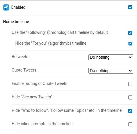 ChuckBaggett's tweet photo. If you use a desktop chromium-based browser for X, consider the Control Panel for Twitter extension. 
I use it for
Use the "Following" (chronological) timeline by default
Hide the "For you" (algorithmic) timeline
Default to "Latest" tab in Search
+ more.
 https://t.co/nnTdHbNNUj https://t.co/MAaGRumL7u