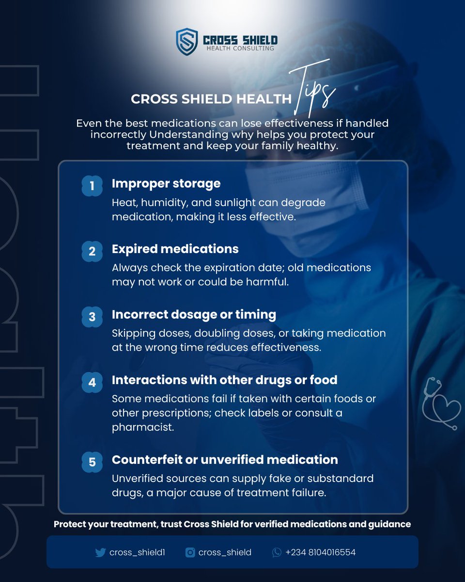Cross Shield Health Tips
Not all medications work as expected. 
Sometimes it’s not the medicine itself,  it’s how it’s stored, handled, or sourced.
Here’s why medications can fail:

#CrossShield #HealthTipsNG #MedicationSafety #HealthcareNigeria #ReliableHealthcare #FamilyCare