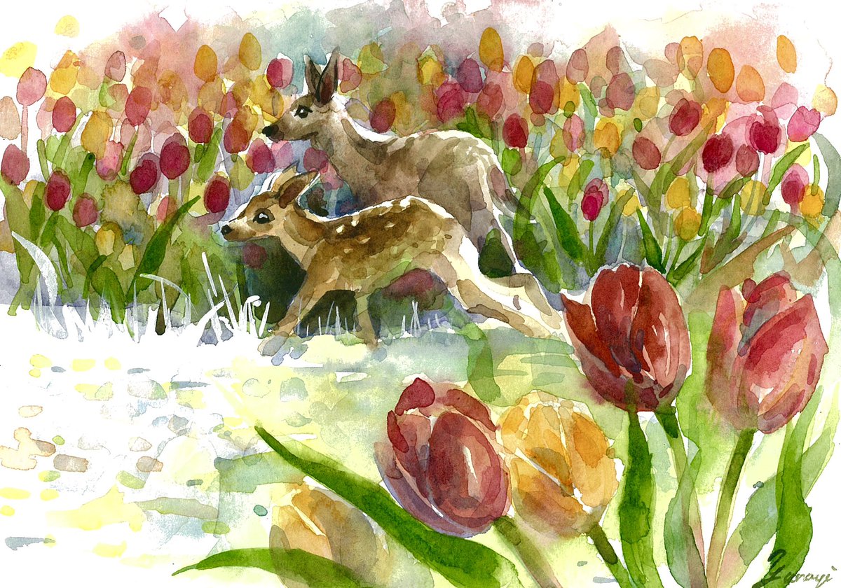 チューリップのおさんぽと猫ちゃん #透明水彩 #水彩画 #art #watercolor