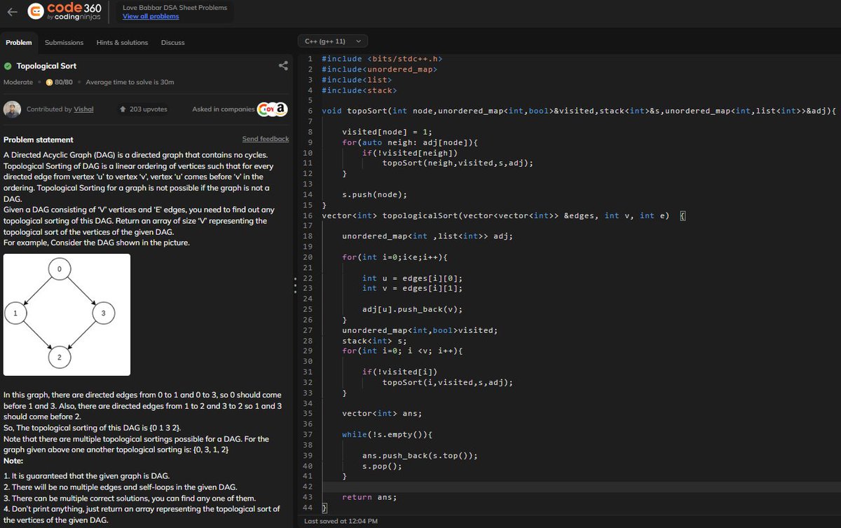 MartianDev01's tweet image. Day:  63/100 
                               
&amp;gt;Graph : Topological Sort
#100DaysOfCode #DSA #CodingChallenge

#letsconnect #LearnInPublic #ProblemSolving #100daysofcoding #CodingJourney #LeetCode #CONNECT