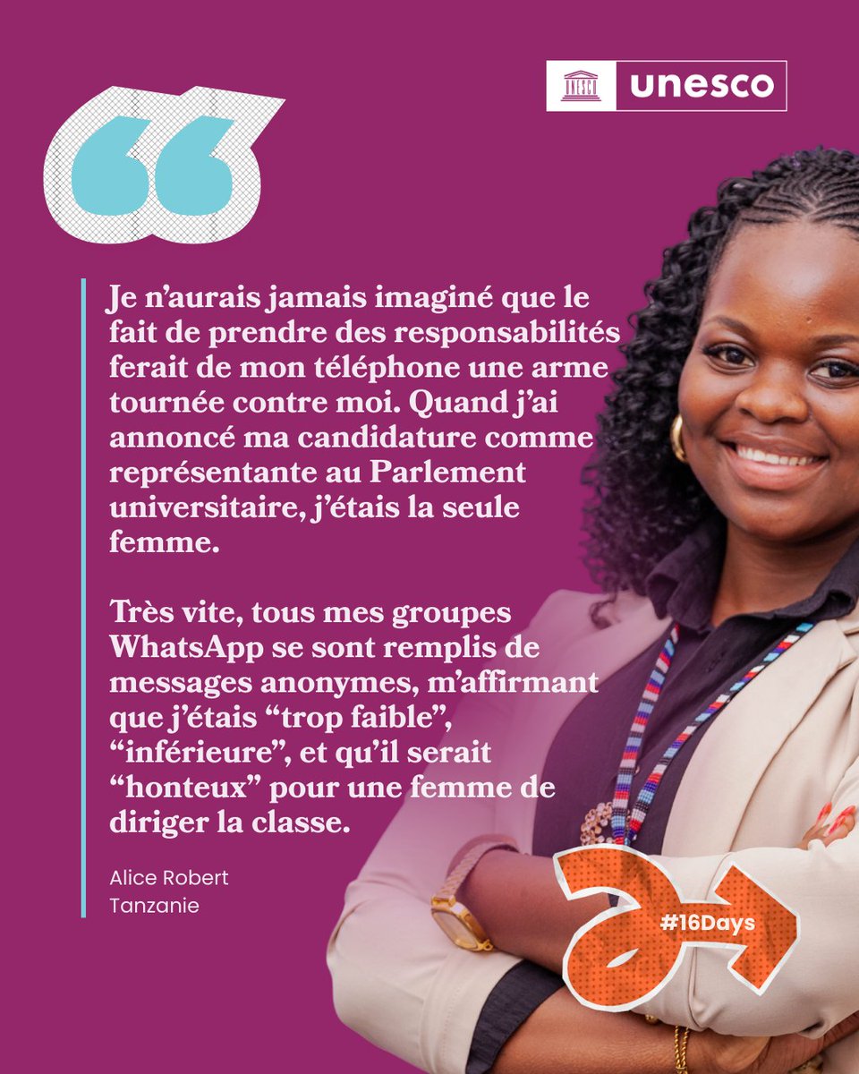 UNESCOKinshasa's tweet photo. 🤚Quand une #jeunefemme s’engage, la violence en ligne devient parfois une arme pour la faire taire.
🗣️Alice a refusé de reculer et a gagné son #élection. Un message fort pour toutes celles qui s’expriment 🎙️.
👉Lire plus: https://t.co/DciAicB2PN
#16Days #O3 #ESACommitment https://t.co/qp6zbiZ3Lj