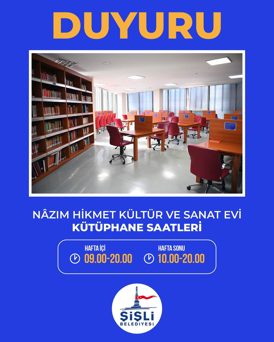 Nâzım Hikmet Kültür ve Sanat Evi Kütüphanemiz komşularımıza hizmet vermeye devam ediyor. 📚

⏰ Hafta içi: 09.00 – 20.00
🕰️ Hafta sonu: 10.00 – 20.00