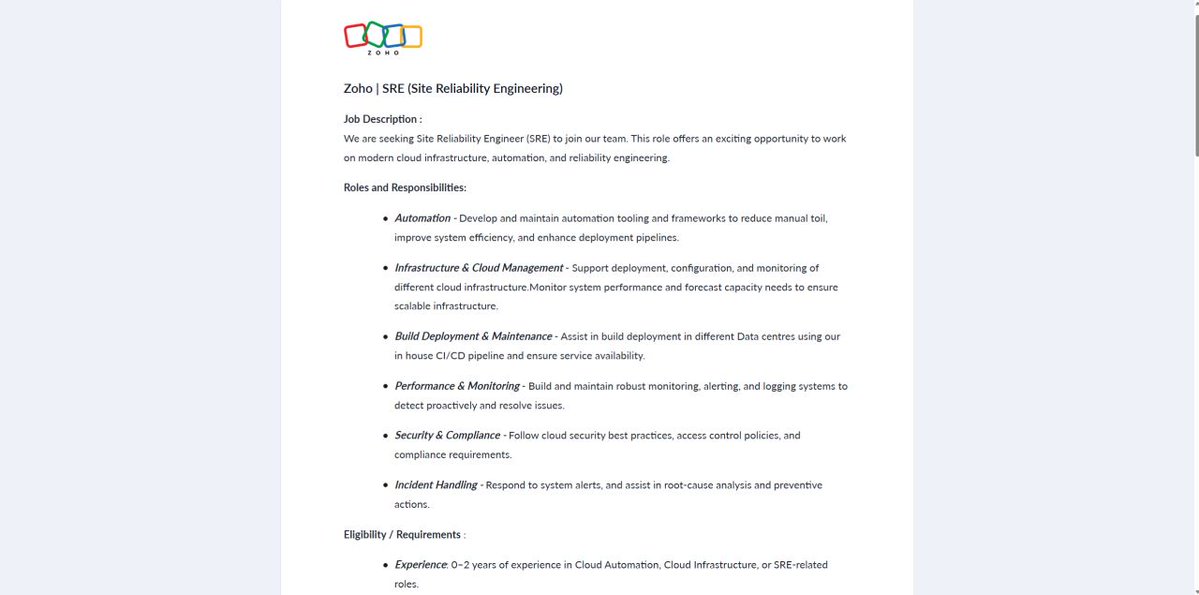 Tamizhforchange's tweet image. #Zoho is Hiring Freshers 

Role: Site Reliability Engineering
Qualifications: Any degree 
Salary: 12 Lakhs per Annum
Locations: Multiple locations
Experience: 0 to 2 Years 
👉 Interested and eligible candidates can apply

#freshers #hiring #Engineering #technology #Job…