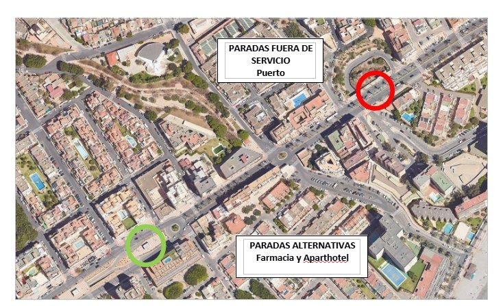 Por motivo de las obras del Puerto Ciudad por parte del Ayuntamiento de Almería, la parada Puerto de Aguadulce <a href="/AytoRoquetas/">Ayto Roquetas de Mar</a> queda fuera de servicio desde el 28/11. Parada más cercana: Farmacia y el Aparthotel Aguadulce (Avda. Carlos III), tal y como se recoge en la imagen.