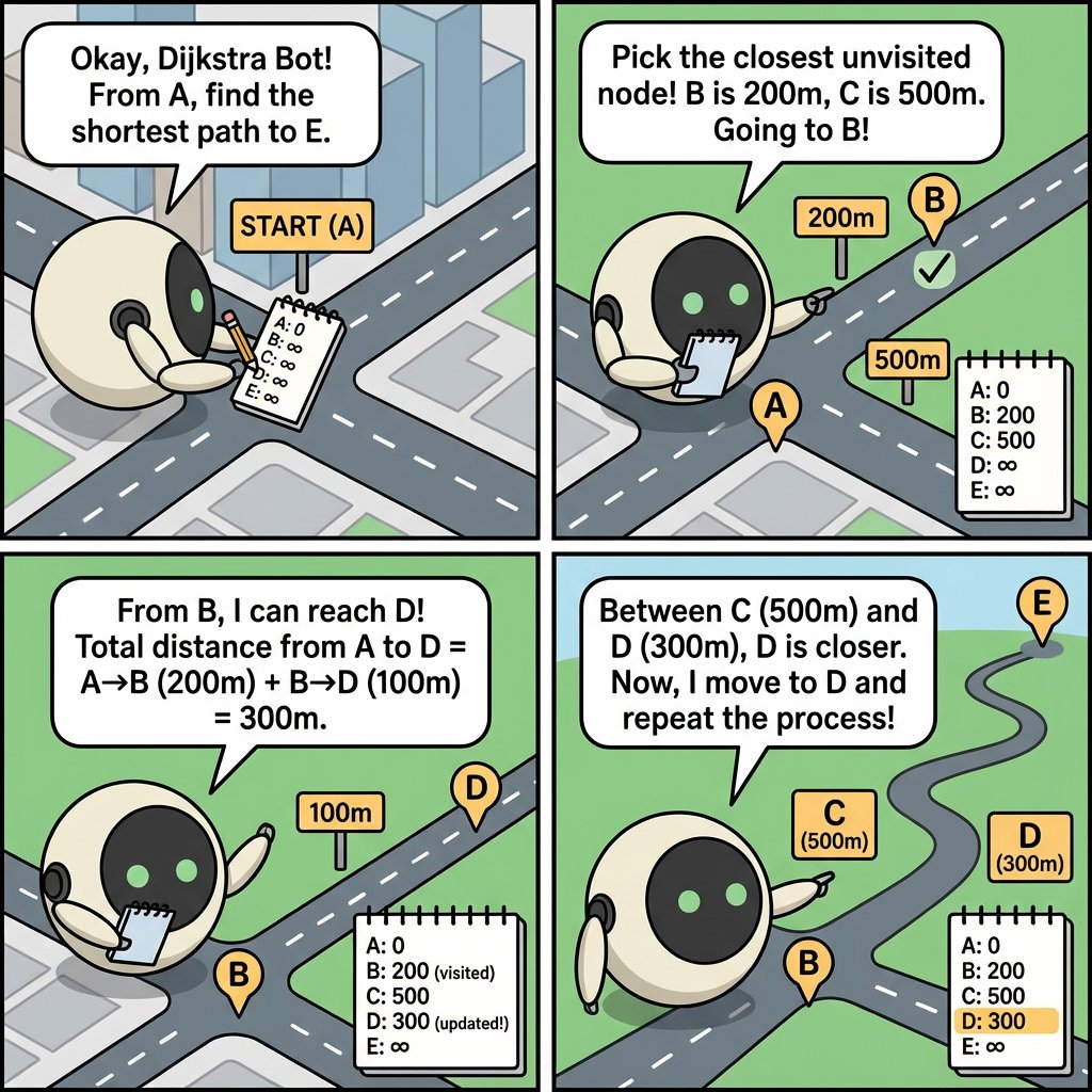 EurexaLabs's tweet photo. GM, builders☀️
Today, let’s dive into the details. Dijkstra’s algorithm updates the shortest path by visiting the closest node first. Here’s how it works:

[1]🧭  Start at the initial node (A): Set its distance as 0. All other nodes are set to infinity.

[2]🧭 Pick the closest unvisited node: From node A, node B is 200m away, while node C is 500m. So, it moves to B.

[3]🧭 Update the distances: From B, the total distance to D becomes 300m (A → B → D).

[4]🧭Repeat the process: Next, it checks which of the unvisited nodes, C or D, is closest. Since D is only 300m away, it moves to D, and the process continues until it reaches the destination (E). 

(2/3)