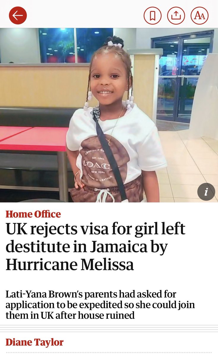 LouCalvey's tweet image. Lati Yana, an 8 year old trapped in the aftermath of the hurricane, refused a visa to reunite with her mother.

The cruelty of our obsession with net migration. 

theguardian.com/politics/2025/…